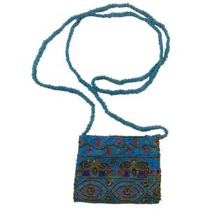Pierre Urbach Hand Beaded Silk Embroidered Mini Evening Purse Bag Crossbody Blue